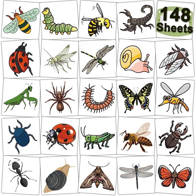 148 Individually Sheets Bug Temporary Tattoos for Kids - Insect Tattoos for Kids Birthday Party Supplies Goodie Bag Fillers