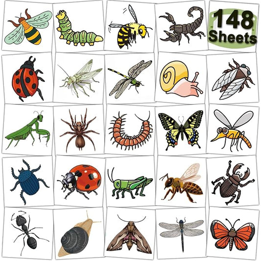 148 Individually Sheets Bug Temporary Tattoos for Kids - Insect Tattoos for Kids Birthday Party Supplies Goodie Bag Fillers