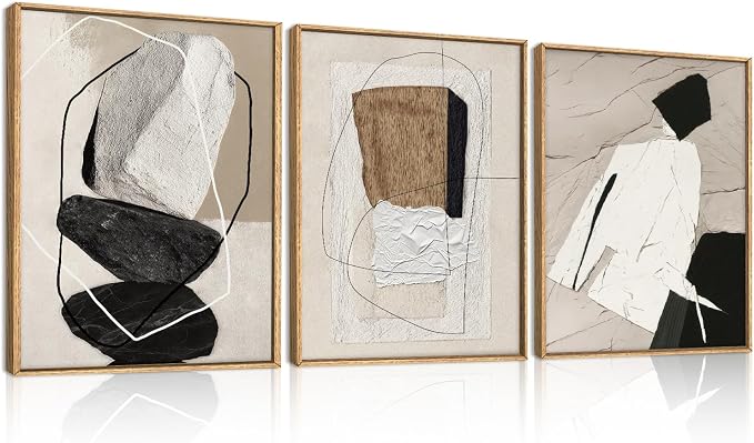 ANHUIB Neutral Abstract Wall Art Canvas,Black Beige Artwork, Modern Textured Framed Wall Art, Minimalist Geometric Painting,16x12Inches Set of 3 for Living Room Bedroom