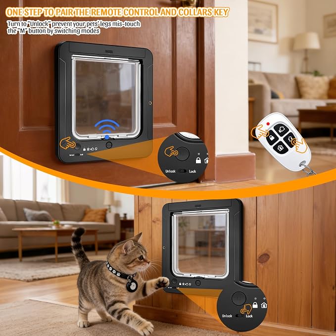 Smart Cat Door with 4 Collar Sensor Key, RFID Electronic Cat Door Collar Activated with Remote Control, 4 Way Locking Cat Flap Automatic Pet Door Interior & Exterior