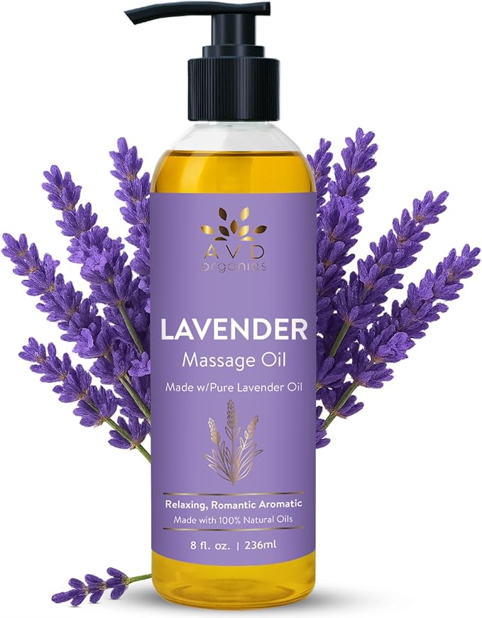 AVD Organics Lavender Massage Oil 236 ml| 100% Pure & Natural | for Men & Women | Sore Muscles Body Massage | Soothing Blend of Natural Oils for Therapeutic and Aromatherapy | 8 fl.oz