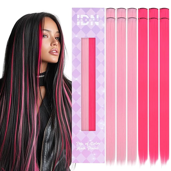 IDN BEAUTY Colored Clip in Hair Extension, 12PCS Pink Hot Pink 24Inch Multicolored Deep Purple Mix Synthetic Hair Pieces for Women, Hair Accessories for Party Cosplay Travel Birthday