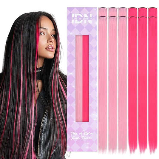 IDN BEAUTY Colored Clip in Hair Extension, 12PCS Pink Hot Pink 24Inch Multicolored Deep Purple Mix Synthetic Hair Pieces for Women, Hair Accessories for Party Cosplay Travel Birthday
