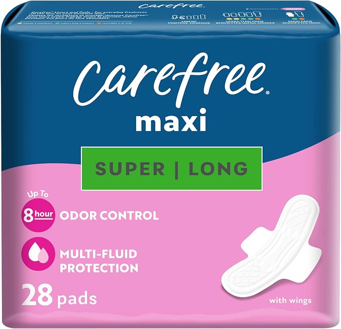 Carefree Maxi Pads for Women, Super/Long Pads with Wings, 28ct | Carefree Pads, Feminine Care, Period Pads & Postpartum Pads | 28ct (Pack of 1)