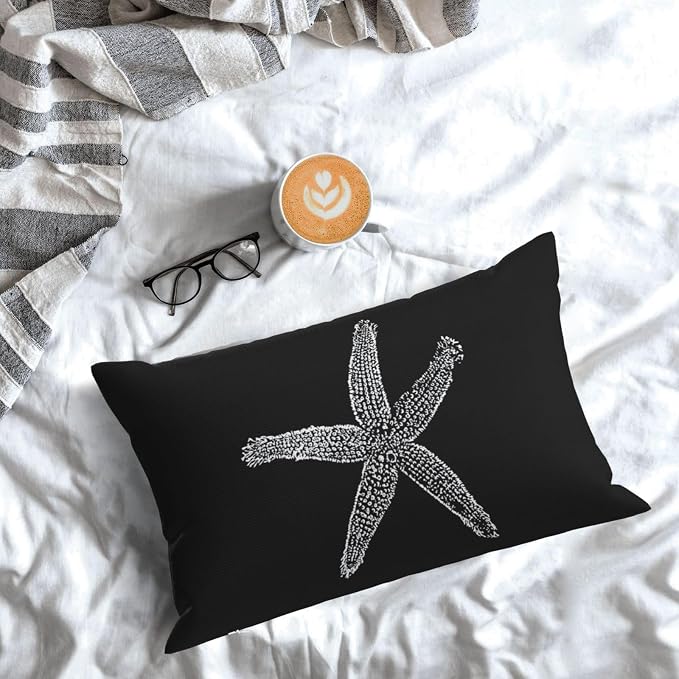 Coastal Pillow Covers 12x20 Set of 2 Black Starfish Throw Pillows Nautical Ocean Decorations Summer Beach Coral Pillowcase Outdoor Decor Linen Farmhouse Square Cushion Case for Sofa Bedroom