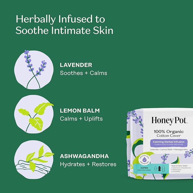 Honey Pot - Calming Herbal Super Sanitary Pads for Women - 100% Organic Cotton Top Sheet - Feminine Care - Non Cooling - Calming Herbs of Lavender, Ashwagandha, & Lemon Balm - 64ct