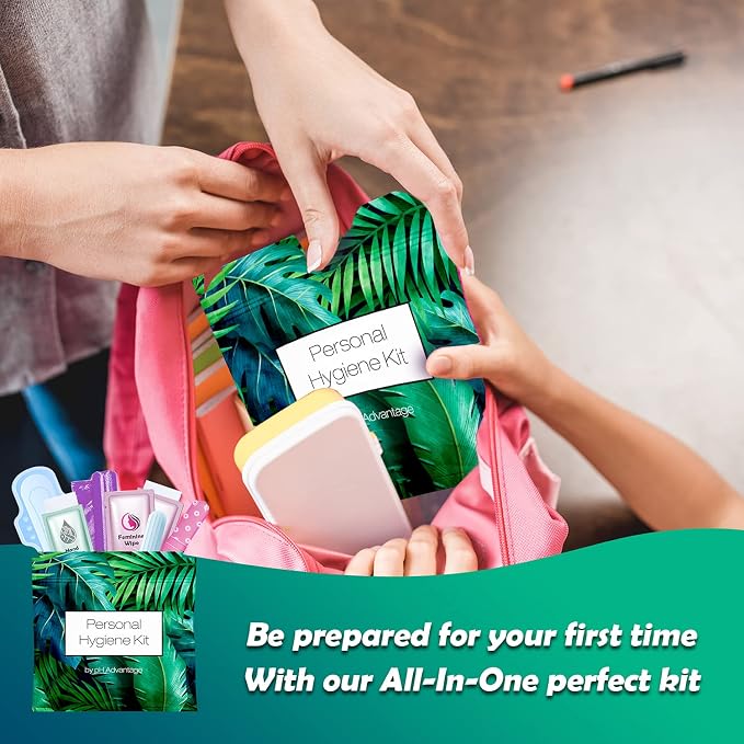 Menstrual Kit All-in-One | Convenience on The Go | Single Period Kit Pack for Travelling, Tweens & Teenagers | Individually Wrapped Feminine Hygiene Products (Green Ferns)