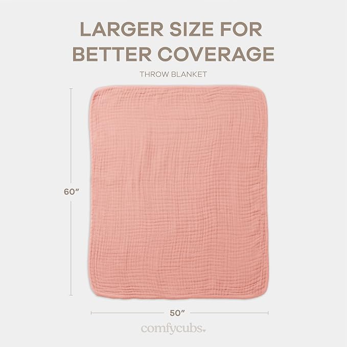 Comfy Cubs Adult Muslin Blanket 50x60” Throw Swaddle Blankets, Bold Blush | 6 Layer Soft, Breathable & Lightweight Muslin Adult Blanket - Machine Washable & Designed in the US Bedding for All Seasons