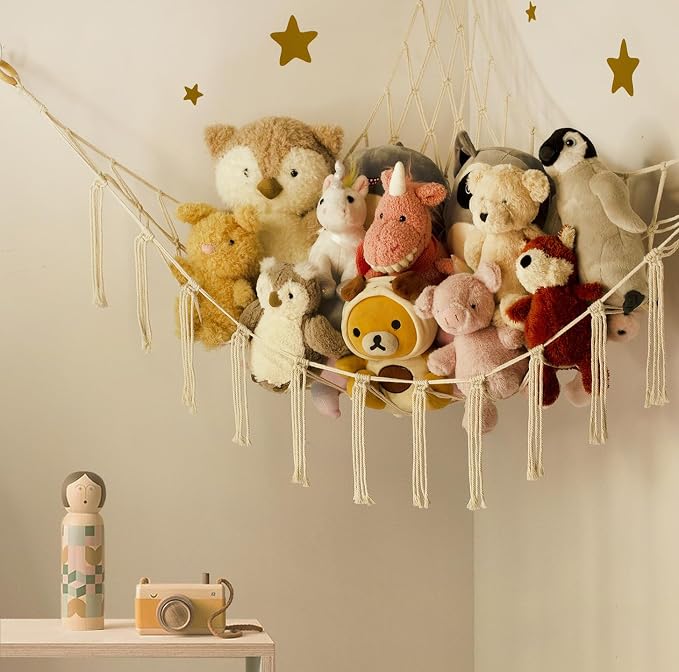 Stuffed Animal Storage Hammock or Net Corner - Large Toy Hammock Net for Stuffed Animals Room Decor - Cute Stuff Animal Organizer Plush Holder - Kids Baby Nursery Essentials Wall Bedroom Home Decor