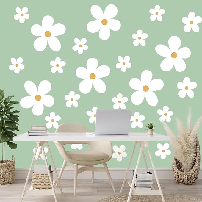 TaoBary 12 Sheet Daisy Wall Sticker Decal,White, Yellow,Stylish Style | Big Flower Wall Sticker, Pink White Floral Decal, Daisy Bedroom Room Decor, Removable Peel and Stick, Nursery Home Wall Decor