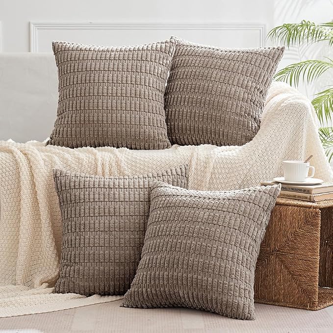 MIULEE Pack of 4 Corduroy Throw Pillow Covers 18x18 Inch Light Brown | Neutral Rustic Farmhouse Boho Soft Striped Pillow Covers,Home Decor for Sofa,Living Room,Couch,Bed