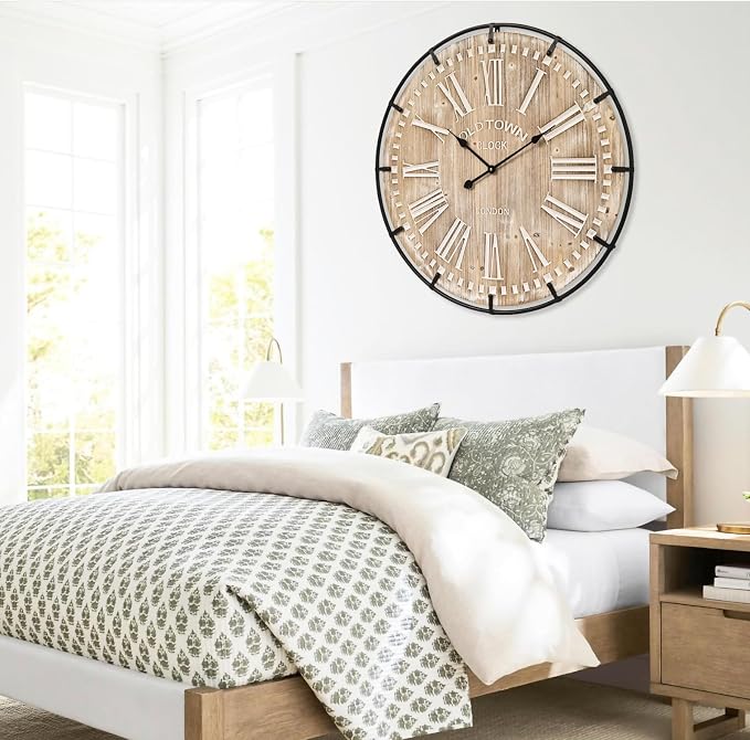 EMAX HOME 30 Inch Extra Large Wall Clock - Farmhouse Rustic Wood & Metal Design Silent Non-Ticking Battery Operated Decorative Oversized Clock for Living Room, Kitchen, Office & Bedroom