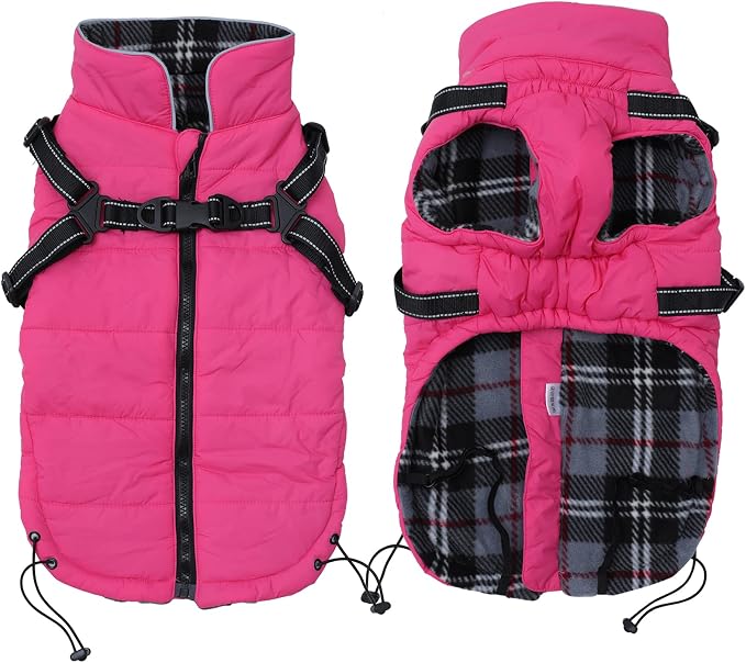 Geyecete Waterproof Dog Jacket with Harness Traction Belt, Pink, Medium-Small, Autumn & Winter