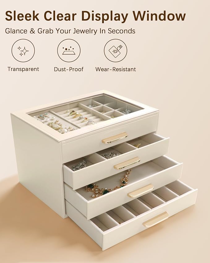 Homeanda Jewelry Boxes Organizer with Glass Lid, 4-Layer PU Leather, Beige | Modern style display case with 4 drawers for daily jewelry, women, mom or girl gift