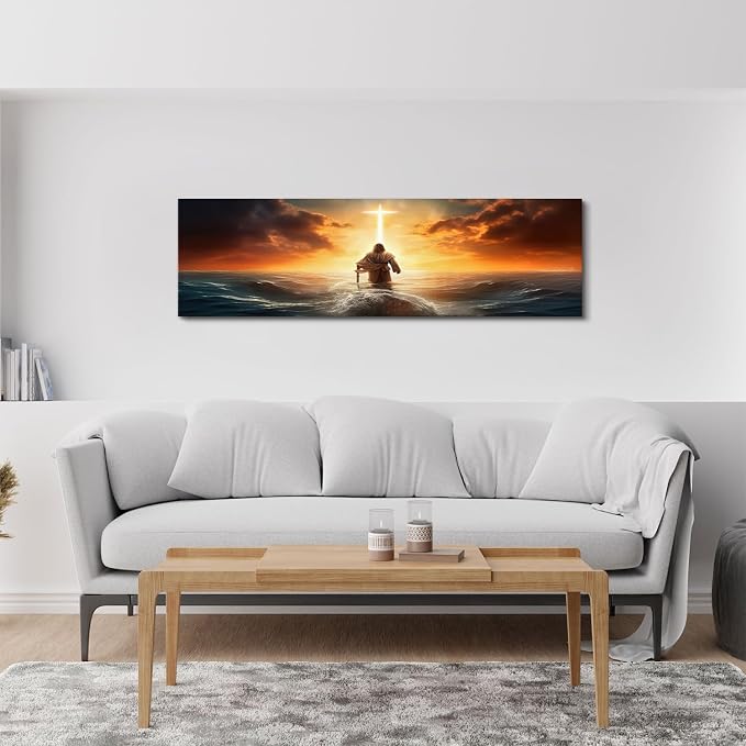 Christian Bible Canvas Wall Art for Bedroom Above Bed, Jesus Walking on Water Picture Wall Decor Sunrise Ocean Sea Cross Painting Prints Spirit Religious Faith Poster Artwork Office Decorations 14x48"