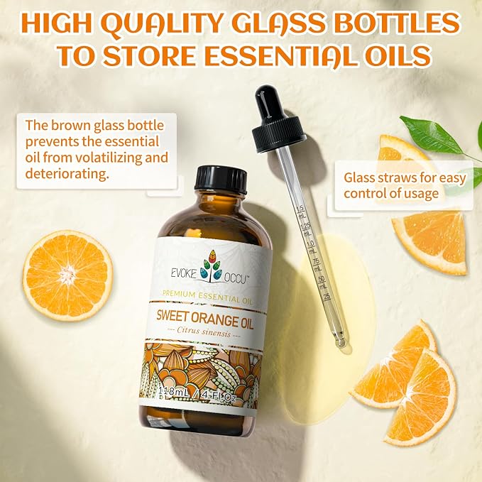 EVOKE OCCU 4OZ Orange Essential Oil Citrus Aromatherapy Oil for Diffuser, Home Cleaning, Skin & Hair Care, DIY Soap & Candle Making