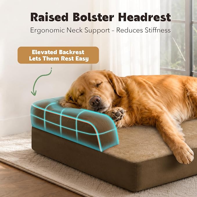 Orthopedic Washable Dog Bed with Bolster for Large Sized Dogs | Pillow Support for Neck Relief, Egg Crate Foam, Waterproof Liner, Anti-Slip Bottom, Machine Washable Cover, 38 x 25 Inch