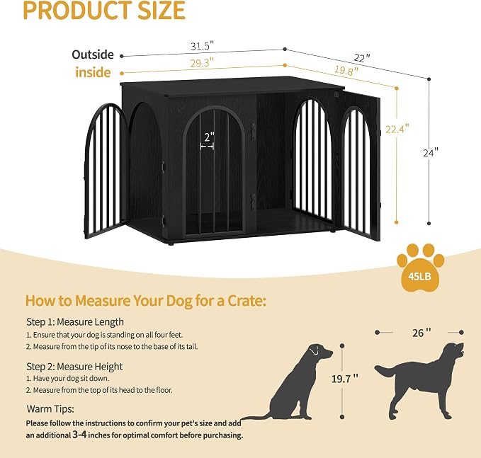 Hzuaneri 31.5'' Dog Crate Furniture,Dog Kennel Indoor for Small/Medium Dogs | Dog Kennel Furniture Wooden Dog Cage Heavy Duty Dog Crate Decorative Pet House End Side Table TV Stand,Black DFC85104B