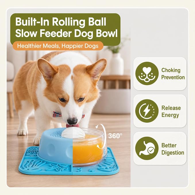 Pezluxe Slow Feeder Dog Bowls & Lick Mat,Dog Licking Bowl with Rolling Ball