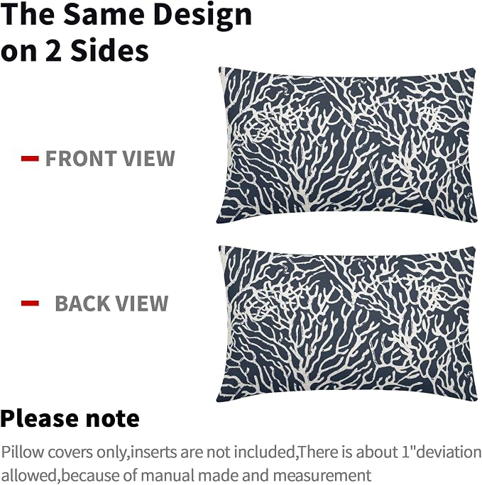 Nautical Coastal Coral Lumbar Pillow Covers 12x20 Inch Set of 2 Summer Ocean Beach Navy Blue Decorative Pillow Cases Outdoor Linen Cushion Cover Farmhouse Decor for Bedroom Home Sofa Couch Bed