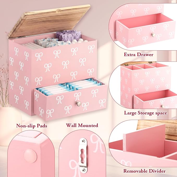 Pink Bow Tampon Holder for Bathroom Wood Feminine Product Organizer with Drawer and Lid Pad and Tampon Organizer Bathroom Accessories Storage Box for Pink Bow Washroom Period Box