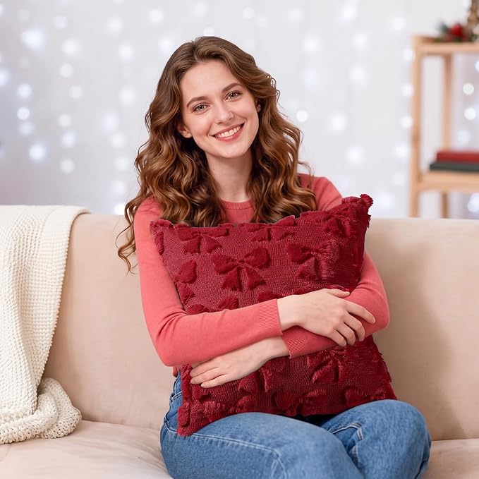 Mixweer Burgundy Bow Pillow Covers Set of 2 Preppy Room Decor Coquette Cute Spring Summer Decorative Faux Fur Soft Bowknot Stuff Fluffy Plush Aesthetic Pillowcase for Bed Sofa Couch (18 x 18 Inch)