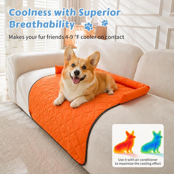 Cooling Dog Bed Mats with Neck & Head Support, 35.43 x31.5 inch Orange | for Small and Medium Dogs & Cats, Non-Slip, Machine Washable, Protects Sofa from Fur & Scratches