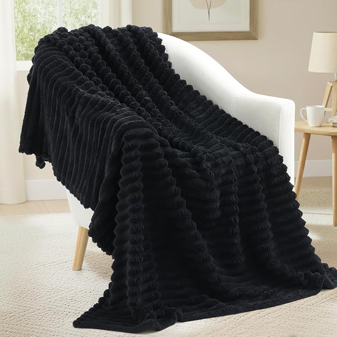 decorUhome Black Fleece King Blanket 108x90 Inches | Soft Fleece Bed Cozy Fluffy Plush Flannel Large Striped Throws for Couch Sofa, Decorative Fuzzy Blanket for Woman