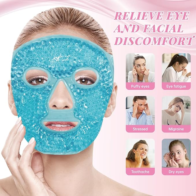 ZNÖCUETÖD Ice Face Facial Jade Roller and Ice Face Mask Cold Cooling Gel Mask Gift Set for Women Aging Wrinkles Lifting Firming Puffy Eyes, Eye Face Neck Roller Massager SPA Tools