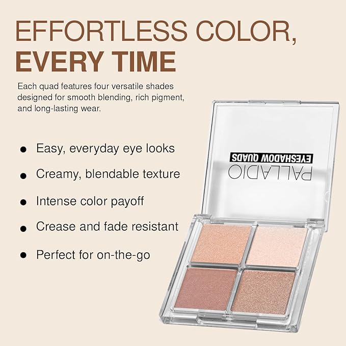 Palladio Eyeshadow Quads, Velvety Pigmented Blendable Matte, Metallic & Shimmer Finishes, Creamy Formula, Four Way Quad Eye Shadow Palette, Talc-Free (Honey Pie)