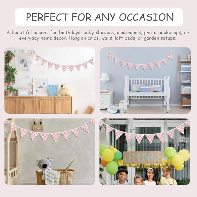 Girls Room Decor Pink and White Checkered Fabric Garland Triangle Banners,Toddler Girl Playroom Nursery Bedroom Wall Decor, Race Car Party Supplies for Baby Shower Birthday,11Ft Bunting Flags
