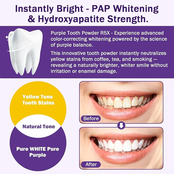 Teeth Whitening Powder, 2PCS Purple Toothpaste Whitening Powder | Teeth Whitening & Removes Stains & Breath Freshener | Hydroxyapatite, R5X Remineralizing for Coffee, Tea, Food, Wine, Tobacco Stains