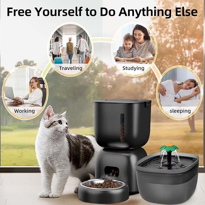 Casfuy 2-in-1 Automatic Cat Feeder & Water Fountain Set, Black, 3-L & 2-L