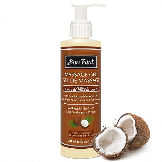 Bon Vital' Coconut Massage Gel, 8 oz, Lightweight Formula with Pure Fractionated Coconut Oil, Professional Therapy Lotion, Hydrating and Unscented