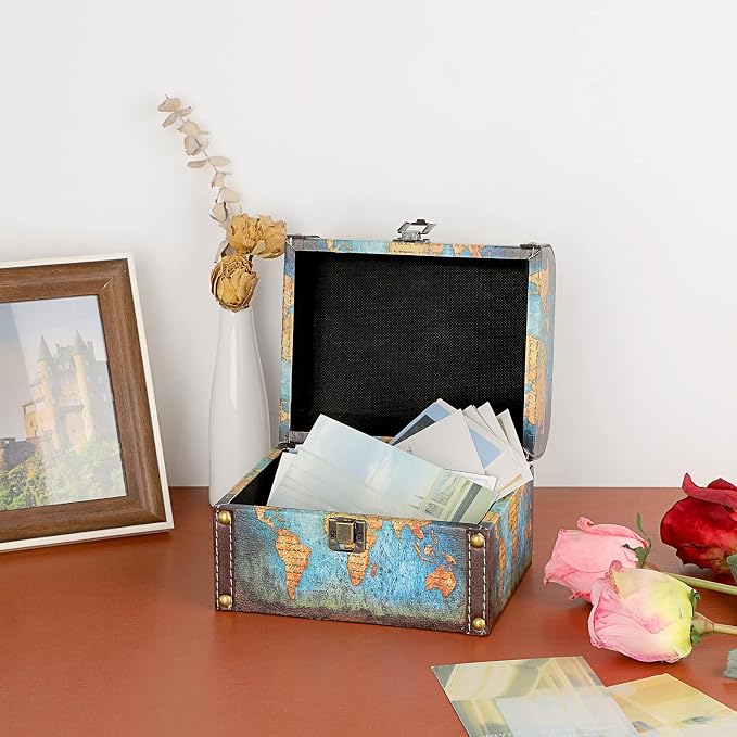 ELLDOO Decorative Treasure Chest Box, Wooden + PU Leather Storage Box for Jewelry Trinkets, Keepsakes box for Girls Women Gifts (Green Map Pattern)