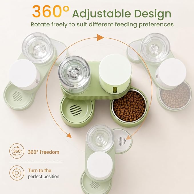 Gravity Cat Feeder 2 Pack Automatic Food Feeder Stainless Steel Water Dispenser Set 360° Rotatable Pet Bowls with Silicone Mat and Brush for Cats Small Medium Dogs, Large Capacity(Green)