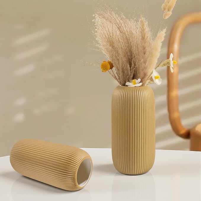 Ceramic Vase for Flowers – Modern Small Ribbed Textured Flower Vase for Home Decor, Pampas Grass, Decorative, Farmhouse, Coffee Table, Kitchen Centerpieces, Bookshelf and Home Living (Milk Coffee)