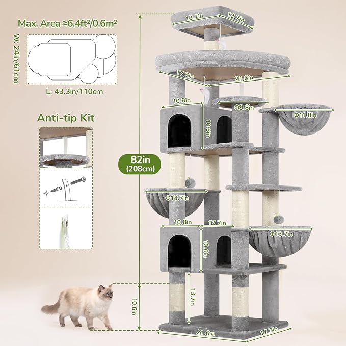 Globlazer Extra Large Cat Tree Tower, 82in Tall Heavy Duty Cat Tree for Indoor Cats Large Adult Big Cat Tower with 8 Scratching Posts, 2 Cat Condos, 2 Top Perches, 3 Hanging Baskets, S82, Light Grey