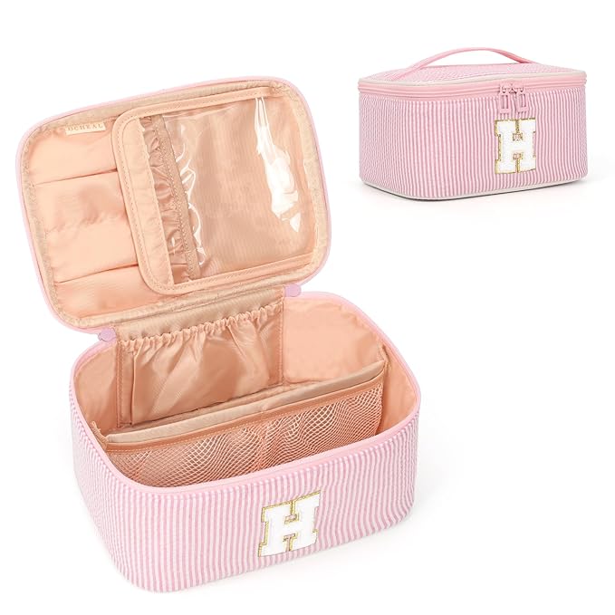 OCHEAL Makeup Bag Valentines Day Gifts for Women, Monogram Cosmetic Bag Pink Travel Makeup Case Beauty Toiletry Bag Organizer Personalized Gifts for Girls Bridesmaid, Sister, Wife, Friends Initial H