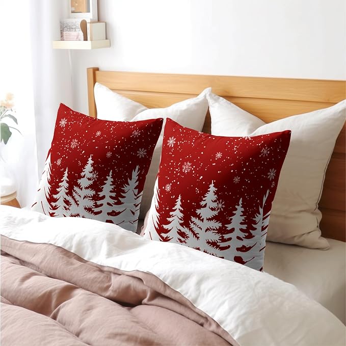 Kawani Christmas Throw Pillow Covers 20x20 Inches, Set of 2 Red White Xmas Tree Snowflakes Cotton Linen Pillowcase Soft Farmhouse Cushion Case for Couch Sofa Bed Living Room Decor