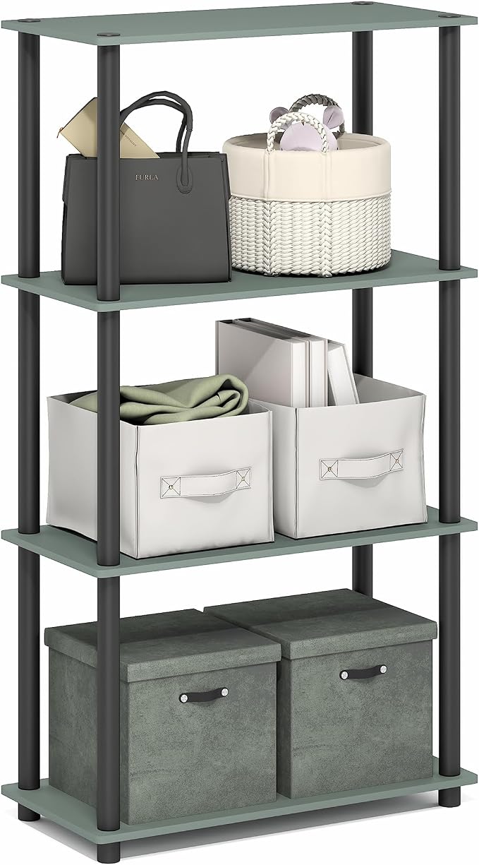 Furinno Turn-N-Tube Storage Shelves, 4-Tier Toolless Book Shelf, Corner Shelf, Open Shelves, for Organization and Storage, Living Room, Garage, Home Office, Sage Green