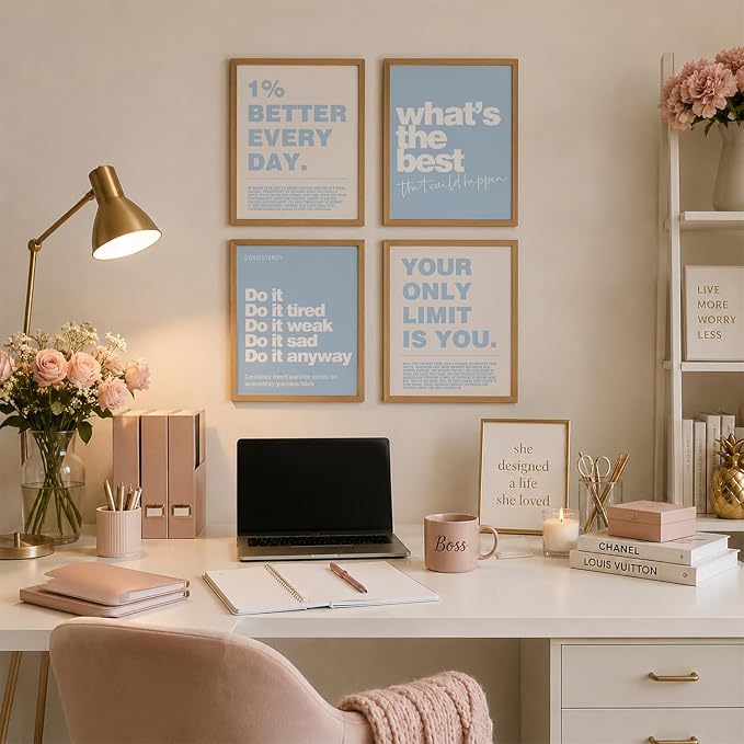 DSHFG Blue Motivational Inspirational Office Wall Art Decor Prints 4Pcs | Blue Office Motivational Wall Decor Trendy Retro Positive Affirmations Quotes Wall Decor Posters, 8x10 Unframed
