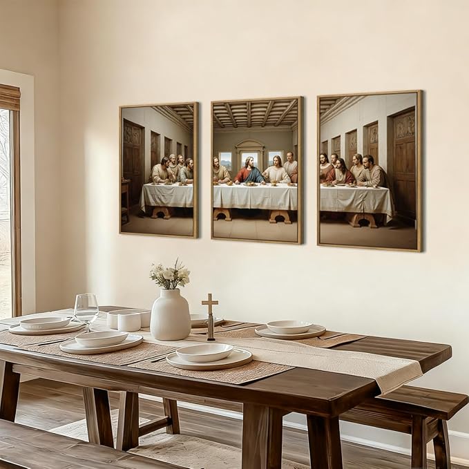 The Last Supper Canvas Wall Art Framed Christian Wall Decor 16x24 Inch Framed Jesus Religious Painting Modern Bible Pictures Set of 3 for Living Room Bedroom Hallway Office