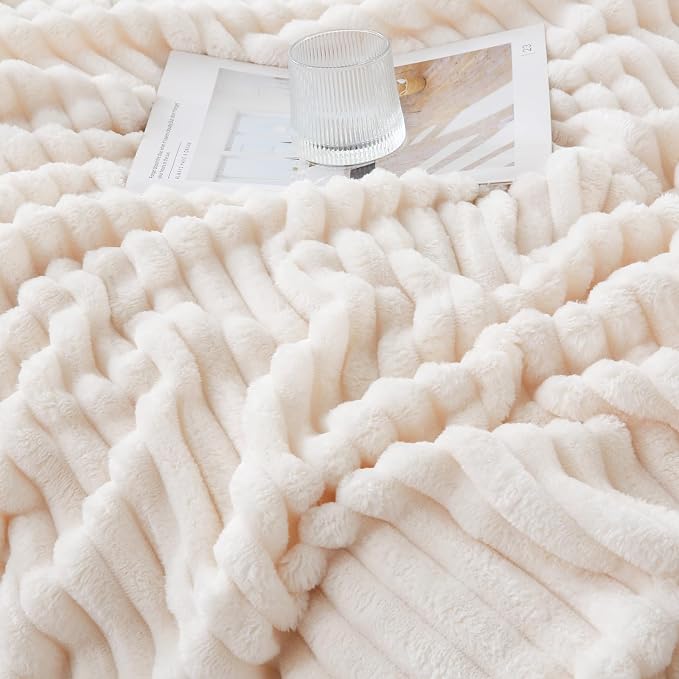 Cream White Throw Blanket for Couch Sofa 60x80 inches Striped Design | Fleece Blankets Room Home Decor Lightweight Plush Soft Cozy Gifts for Women Mom