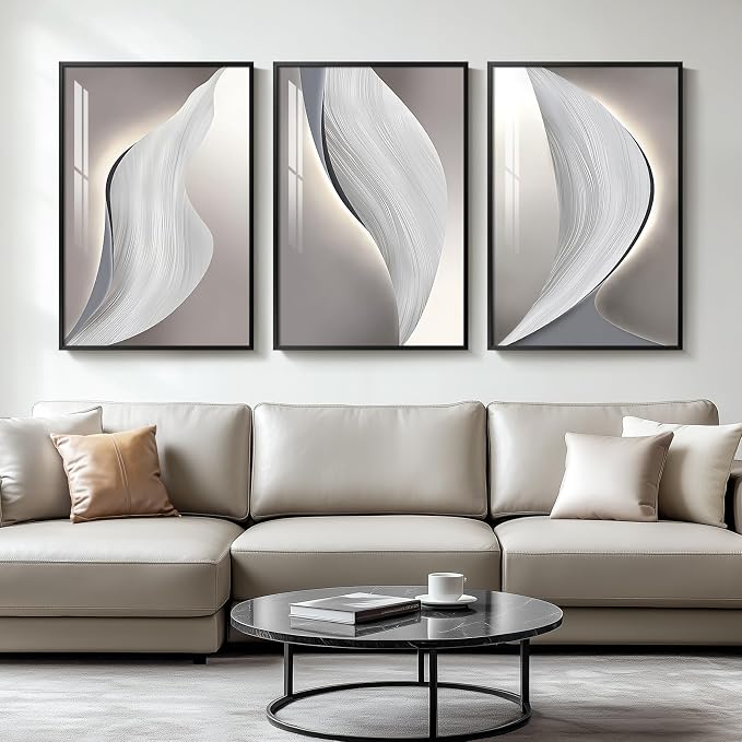 Large Framed Abstract Modern Wall Art for Living Room, 3 Piece Minimalist Grey and Silver Prints Wall Decor, Bright Style Artwork Paintings Pictures for Dining Room Hallway Office, 24x36 Inch