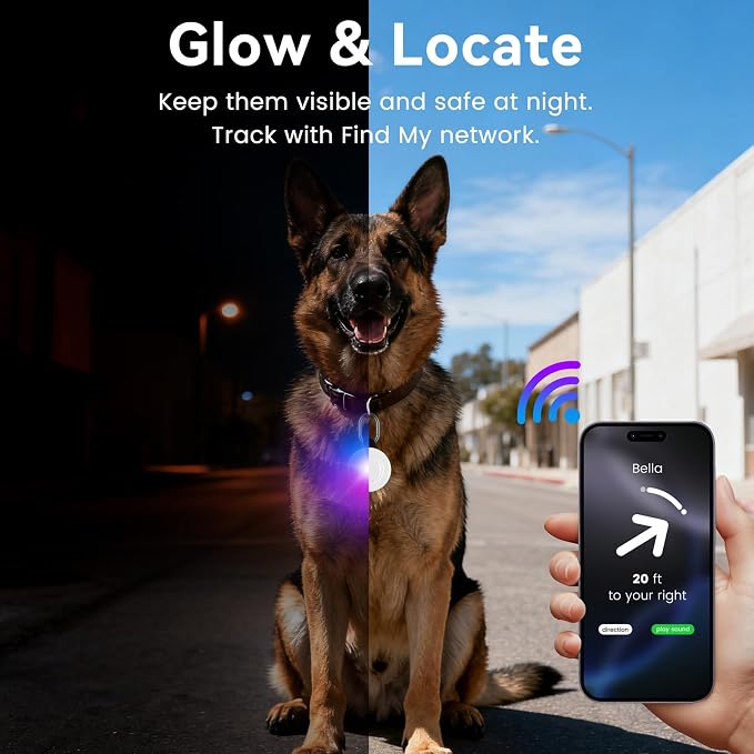 2-in-1 GPS Tracker & Dog Light - Works with Apple Find My - No Subscription | Smart Tracking Pet LED Light for iOS Only - Rechargeable IP68 - Waterproof Dog Collar Light with 6 Modes for Night Walking