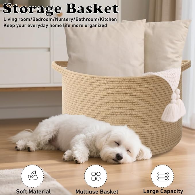 65L Large Blanket Basket,Woven Rope Laundry Basket-Camel | Collapsible, reinforced handles, nursery storage bin organizes clothes, toys and pillows for living room, bedroom bathroom