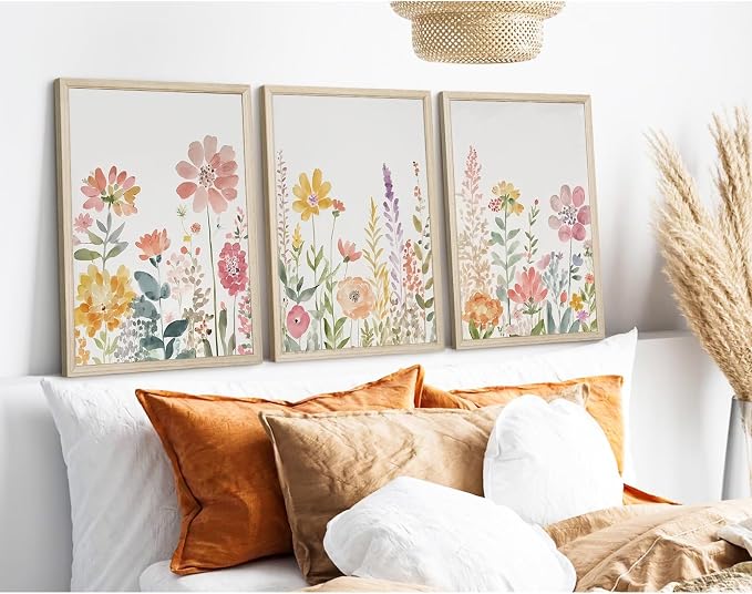 Watercolor Wildflower Wall Art Decor Colorful Flower Pictures Canvas Floral Botanical Wall Art Vintage Prints Poster Floral Painting Artwork for Living Room Bedroom 16x24 Inch Framed Set of 3