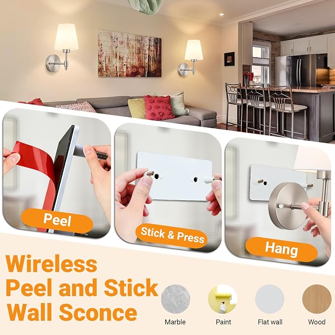 Nekhung Battery Operated Wall Sconce, Peel and Stick Sconces Set of 2 | Wireless Adhesive Stick On Wall Sconce, 10000mAh Rechargeable RGB Bulb with Remote, No Drill Wall Light for Bedroom Decor