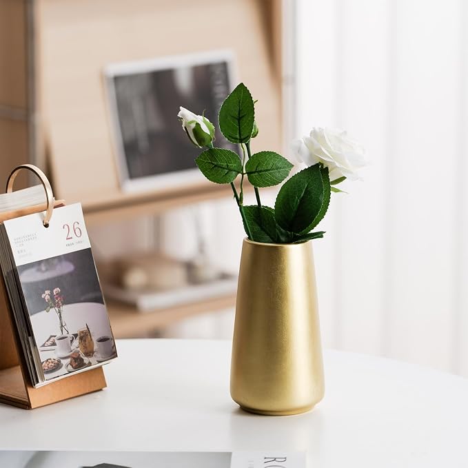 Simple Boho Ceramic Flower Vase for Home Decor (Light Gold,Small) | 6'' Modern Vase for Flower Plant Pampas Grass, Fit for Table Shelf Centerpieces, Living Room Kitchen Bedroom Wedding Gift